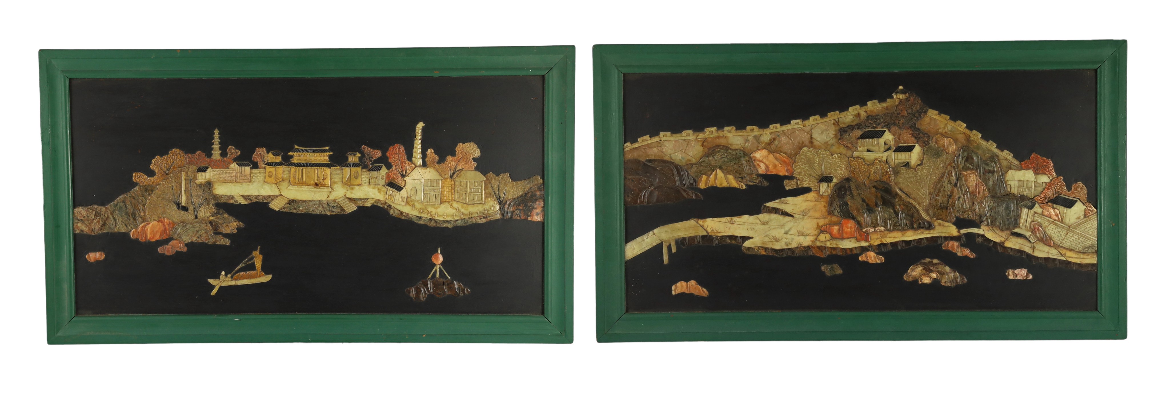 A pair of Chinese soapstone overlaid landscape panels, early 20th century, each panel including frame 33.5cm x 59cm